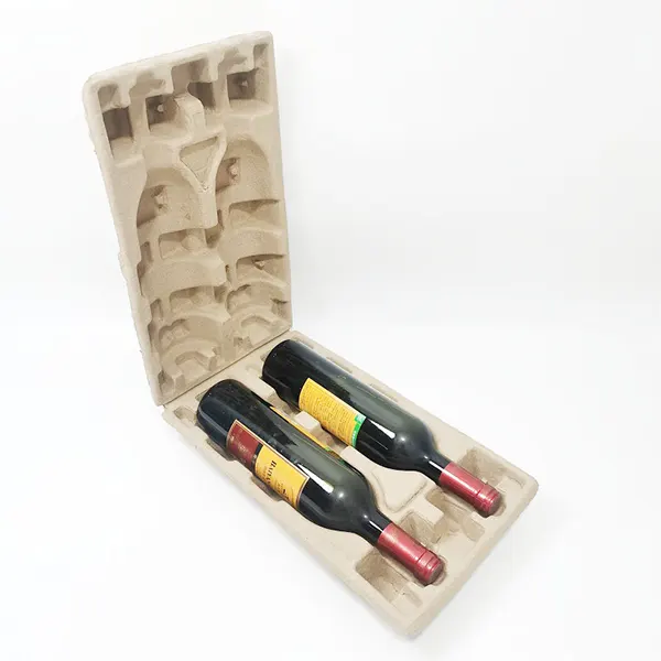 Integrated Hinged 2-Slot Kraft Pulp Wine Tray - All-Round Shockproof Molded Pulp Carton for Wine Gift Boxes & Global Logistics - Image 2