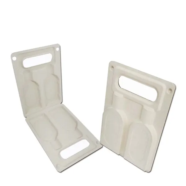 Portable Hinged 2-Bottle Sugarcane Bagasse Pulp Box - Wet-Molded Gift Packaging With Custom Waist Bands for Mini Liquor Bottles - 이미지 2