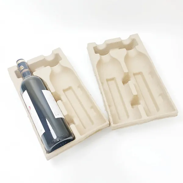 2-Slot Paper Pulp Wine Insert Tray - Shockproof Sustainable Pulp Liner for Dual Wine Bottle Gift & Shipping Packaging